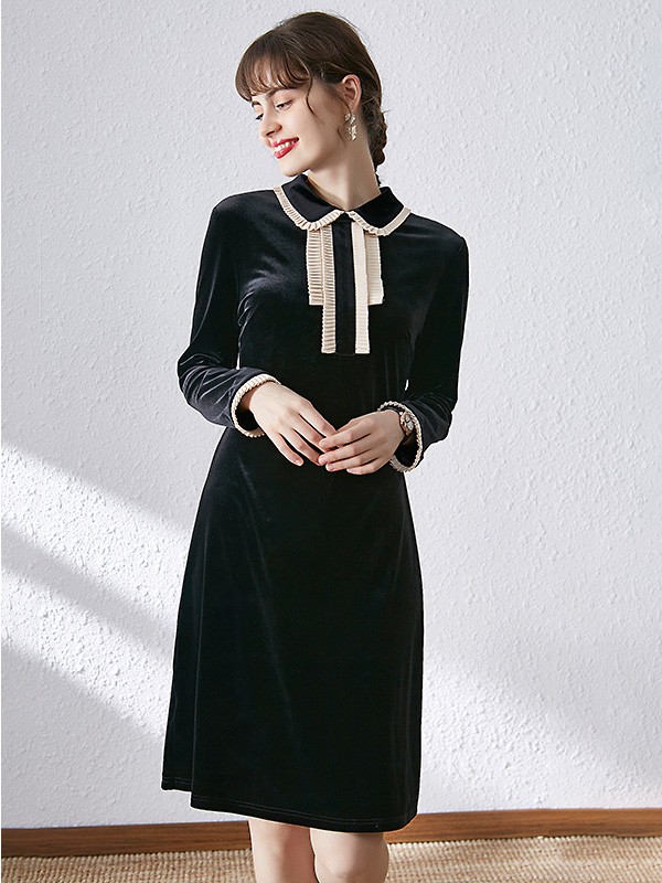 ​宾丽女装2020秋冬季黑色修身连衣裙