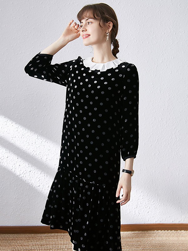 ​宾丽女装2019秋冬季黑色波点连衣裙