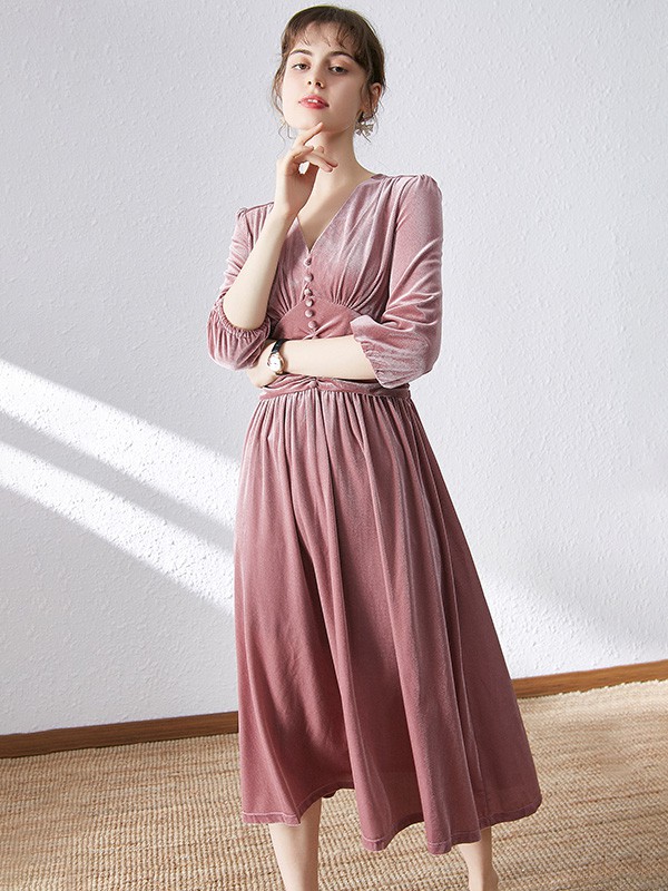 ​宾丽女装2020秋冬季粉色收腰连衣裙