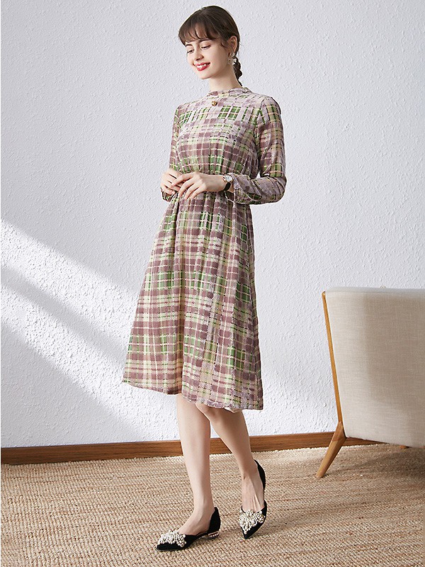 ​宾丽女装2020秋冬季拼色格子连衣裙