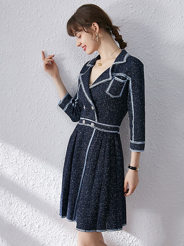 ​宾丽女装2020秋冬季藏蓝色亮片连衣裙