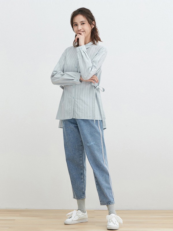 那禾2020秋冬季蓝色条纹衬衫