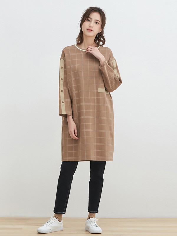 那禾2020秋冬季咖啡色格子连衣裙