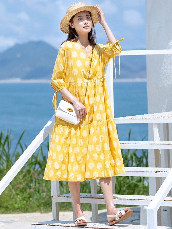 子陌2020春夏季黄色波点连衣裙