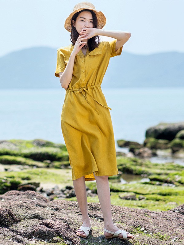 子陌2020春夏季黄色开叉连衣裙