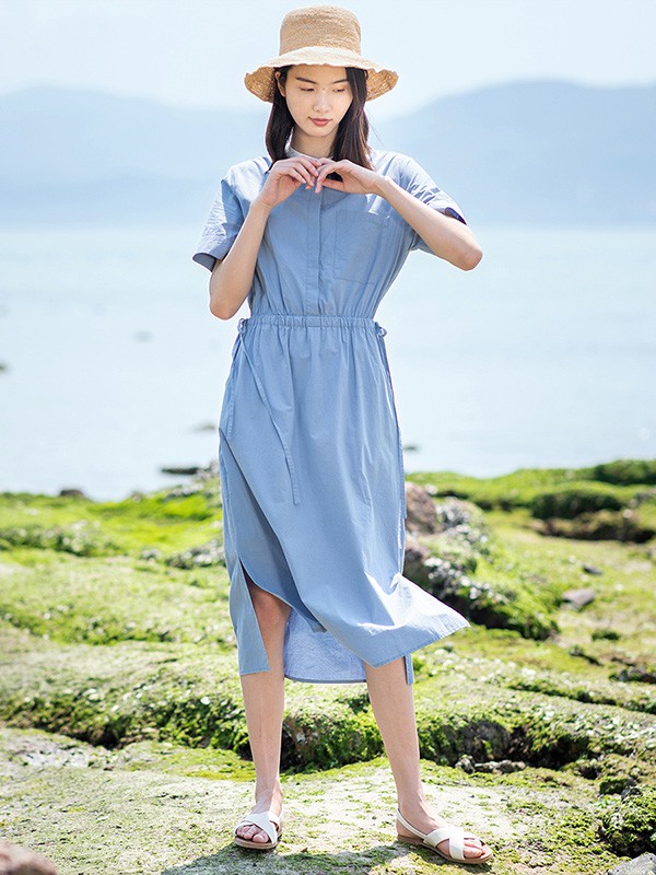 子陌2020春夏季蓝色收腰连衣裙