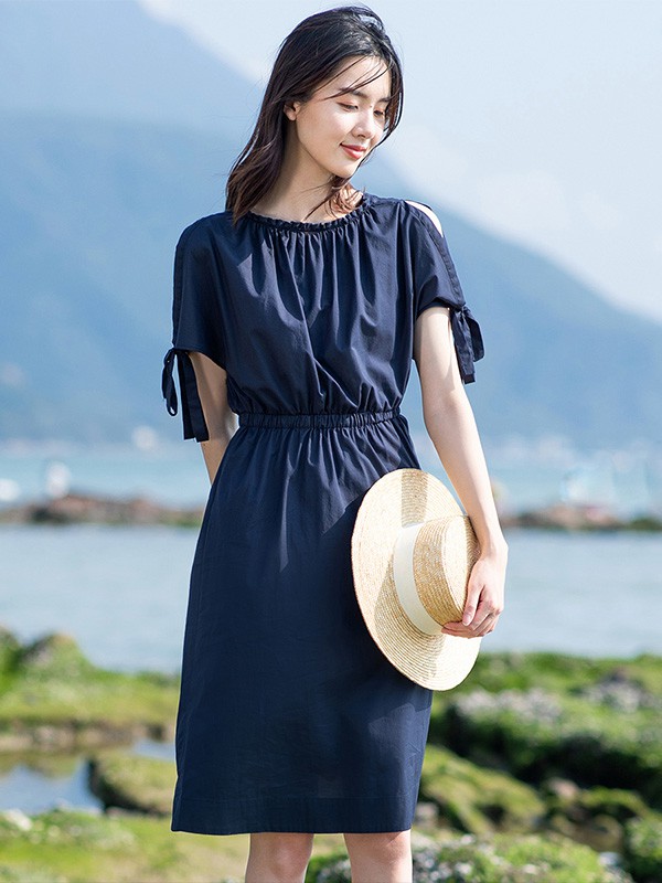 子陌2020春夏季藏蓝色收腰连衣裙