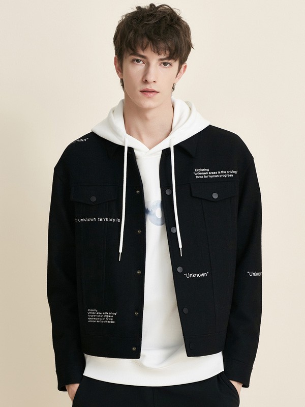 七匹狼男装2019秋冬季黑色字母外套