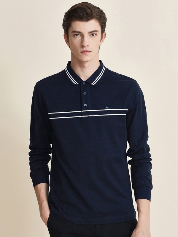 七匹狼男装2020秋冬季藏蓝色条纹polo衫