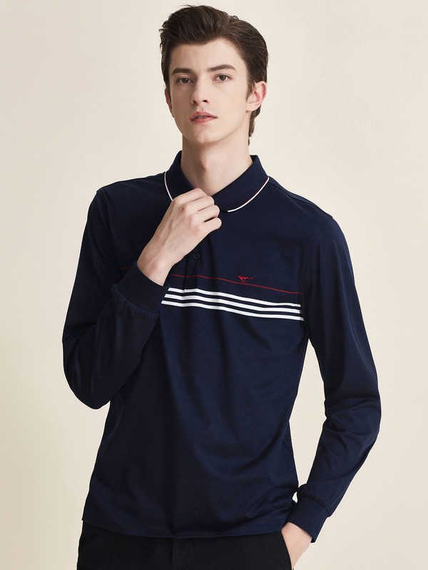 七匹狼男装2020秋冬季藏蓝色条纹polo衫