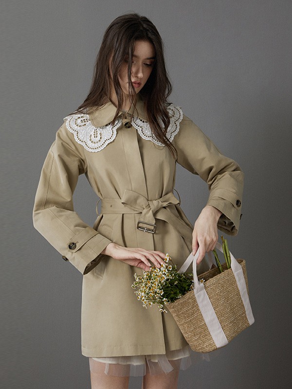 卡芮茜2020秋冬季卡其色收腰外套