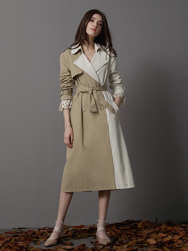 卡芮茜女装2020秋冬季拼色长款风衣