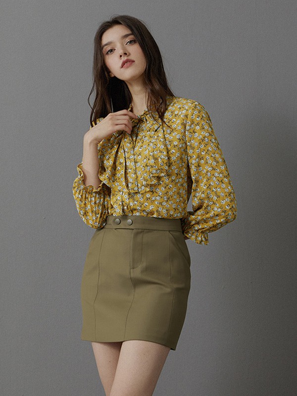 卡芮茜女装2020秋冬季黄色碎花衬衫
