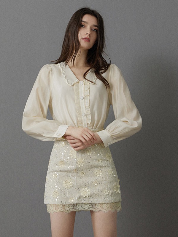 卡芮茜女装2020秋冬季米色木耳边衬衫