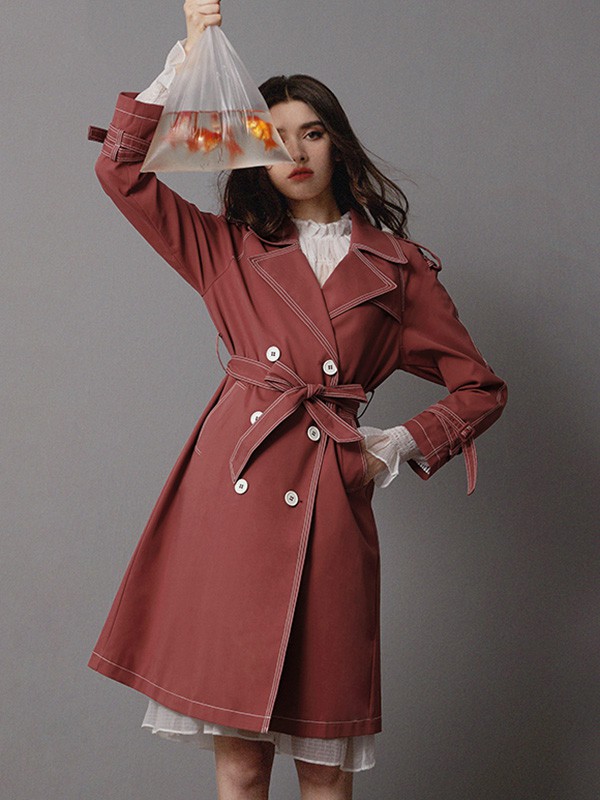 卡芮茜女装2020秋冬季红色宽松风衣