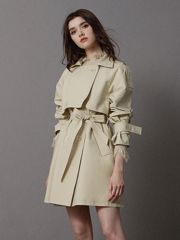 卡芮茜女装2020秋冬季米色纯色风衣