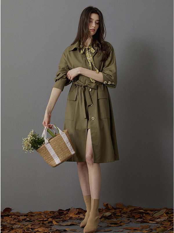 卡芮茜女装2020秋冬季绿色长款风衣