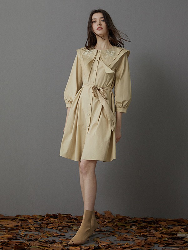 卡芮茜女装2020秋冬季黄色收腰连衣裙