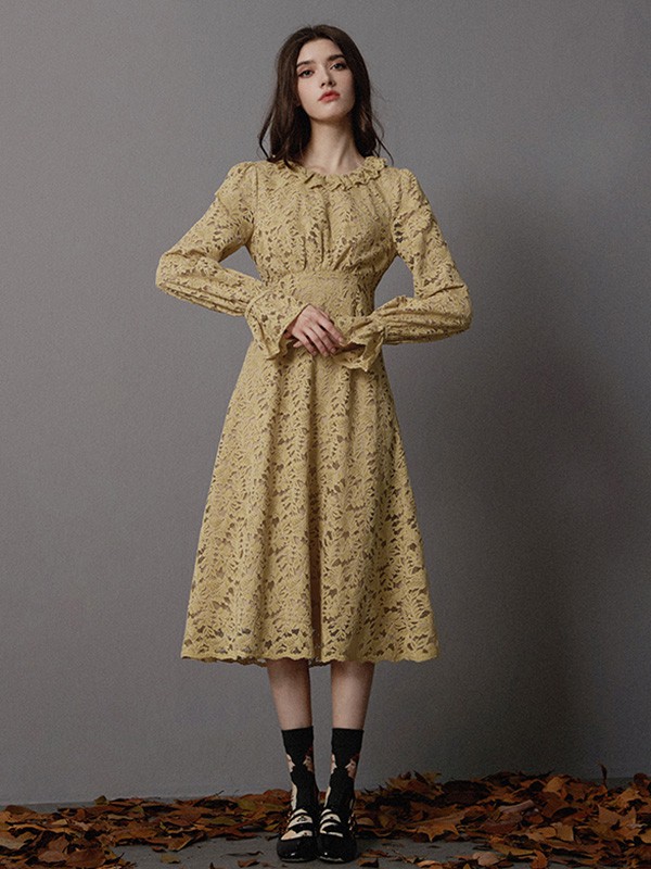 卡芮茜女装2020秋冬季黄色镂空连衣裙