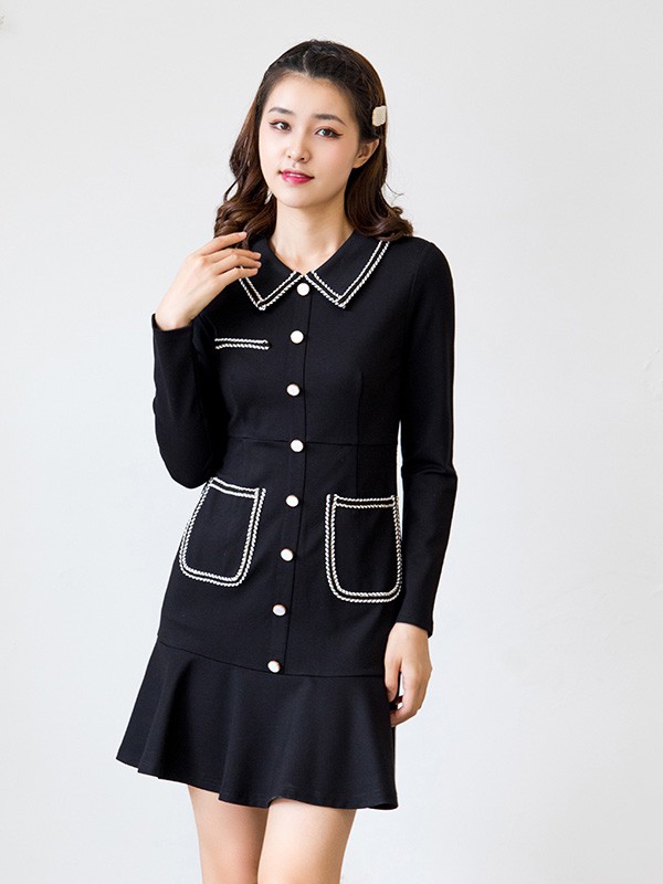 美丽衣橱女装2020秋冬季黑色修身连衣裙