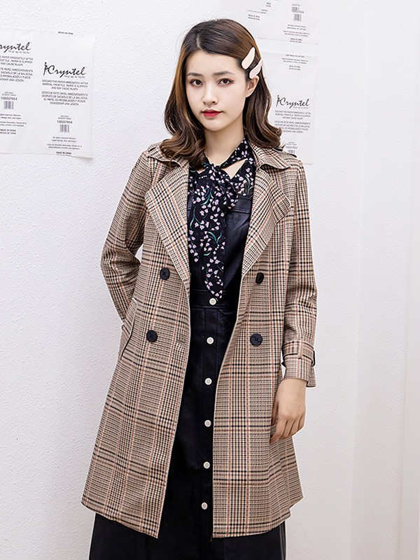 美丽衣橱女装2020秋冬季卡其色格子大衣