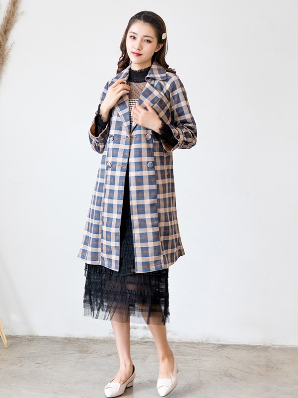 美丽衣橱女装2020秋冬季蓝色格子大衣
