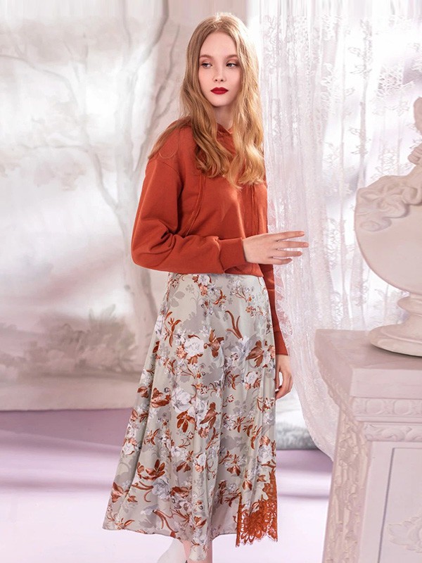 欧点2020秋冬季绿色印花半身裙