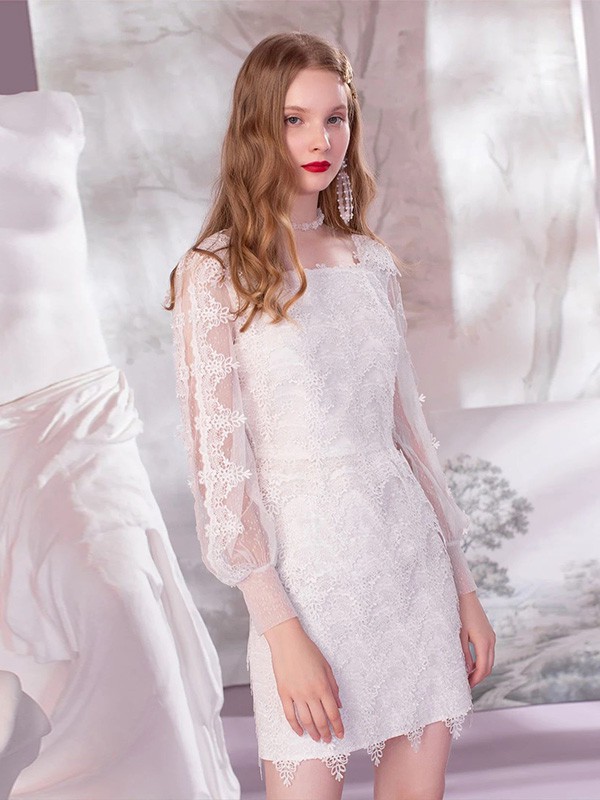 欧点2020秋冬季白色纱网连衣裙