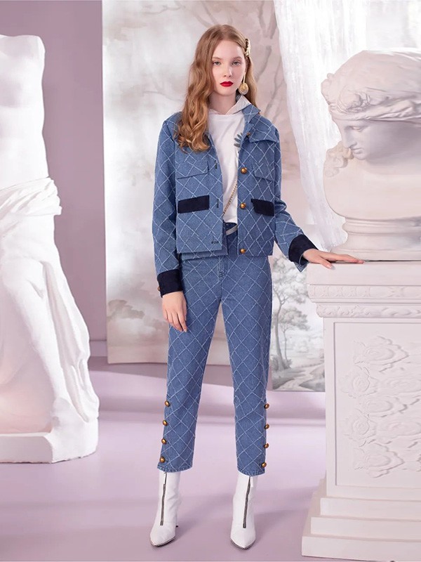 欧点女装2020秋冬季蓝色格子套装