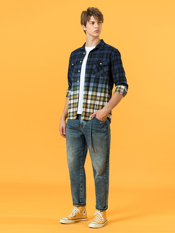 简木男装2020秋冬季拼色格子衬衫