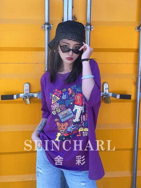 尚舍女装2020春夏季紫色印花T恤