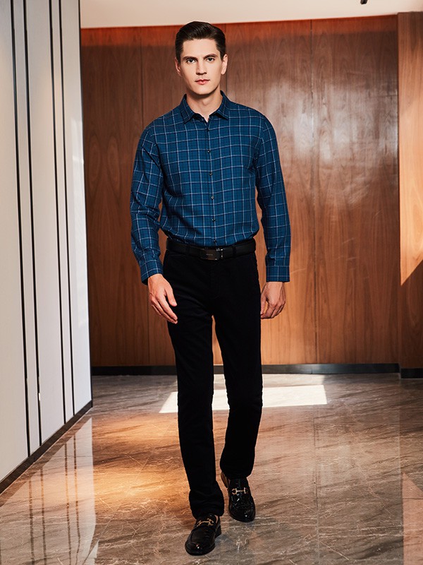 爱迪丹顿2020秋冬季蓝色格子衬衫