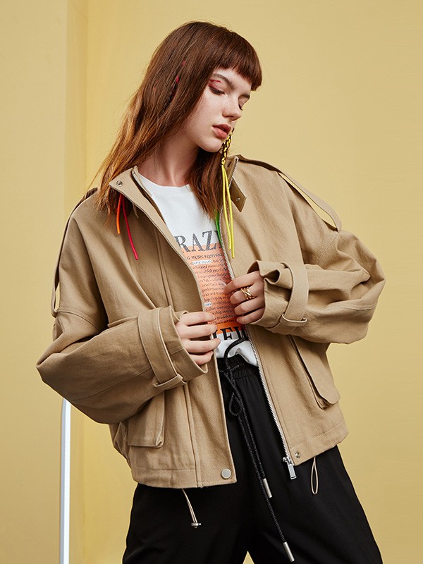 Jamor女装2020秋冬季卡其色宽松外套