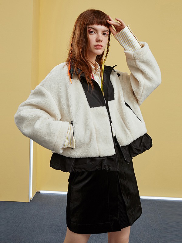 Jamor女装2020秋冬季米色拼接外套