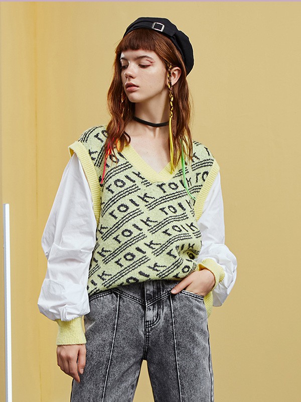 Jamor女装2020秋冬季绿色撞色背心