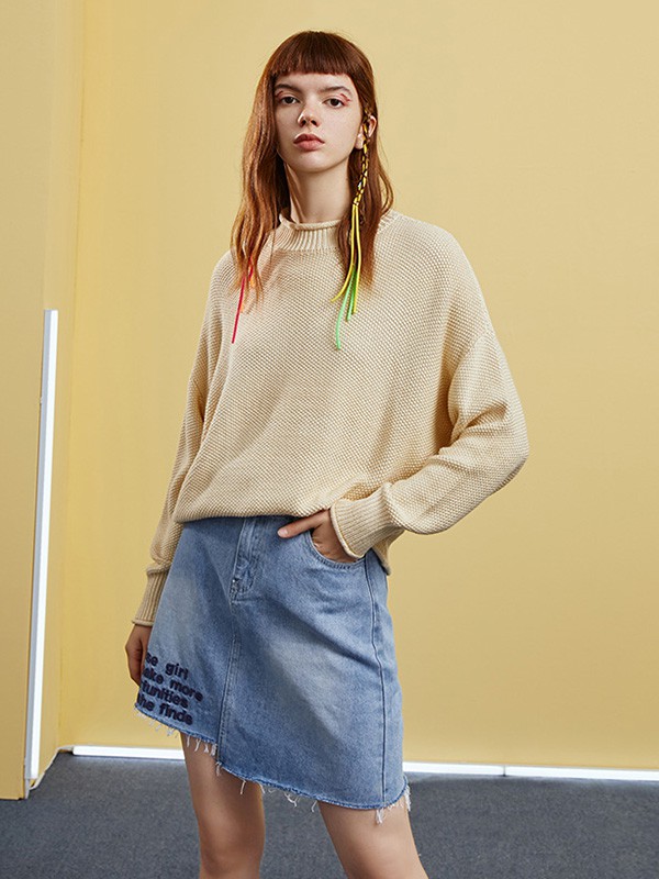 Jamor女装2020秋冬季杏色纯色毛衣