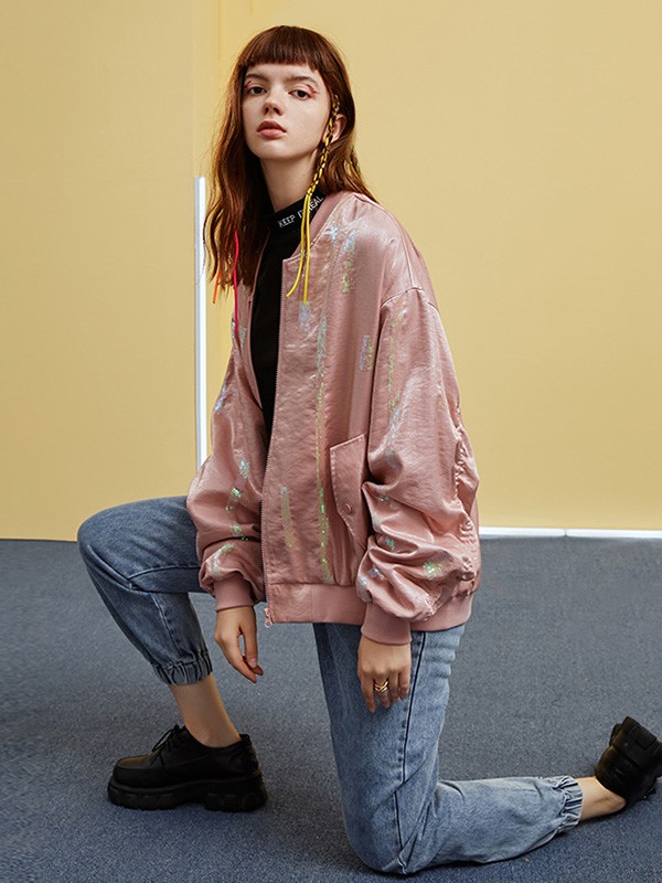 Jamor女装2020秋冬季粉色亮面外套
