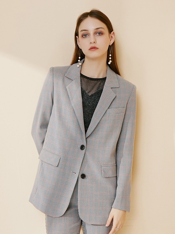 摩凡女装2020秋冬季灰色格子西装