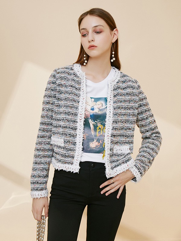 摩凡女装2020秋冬季灰色条纹外套