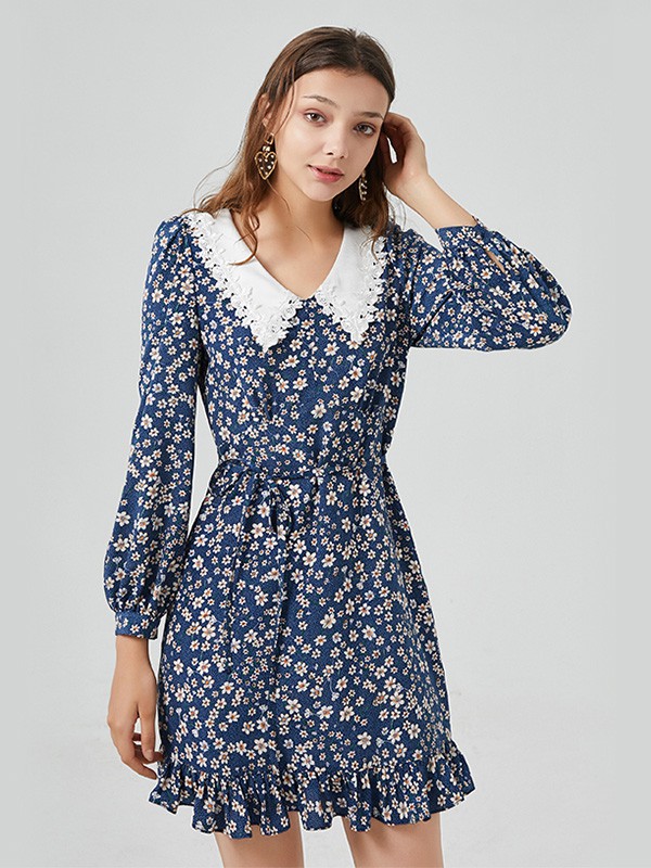 摩凡女装2020秋冬季藏蓝色碎花连衣裙