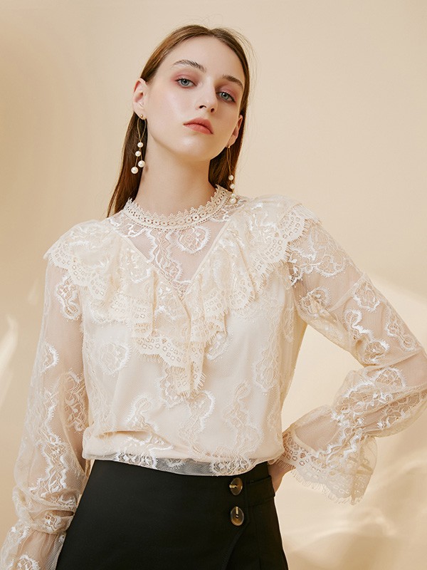 摩凡女装2020秋冬季杏色荷叶边上衣