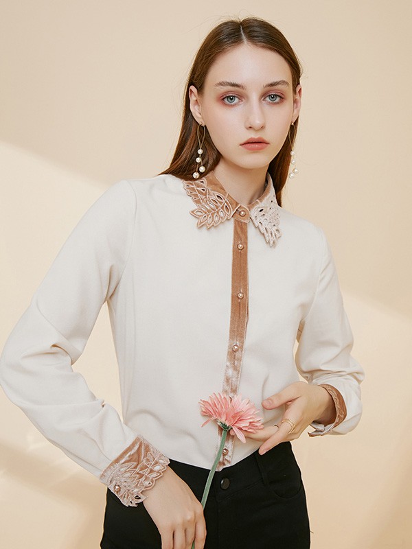 摩凡女装2020秋冬季米色拼接衬衫