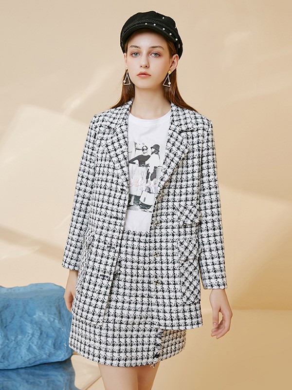 摩凡女装2020秋冬季黑色格子外套