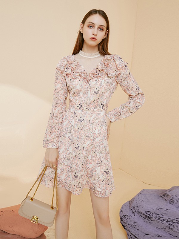 摩凡女装2020秋冬季粉色印花连衣裙