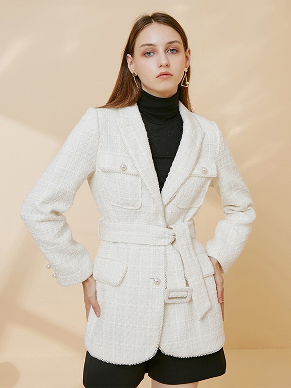 摩凡女装2020秋冬季白色收腰外套