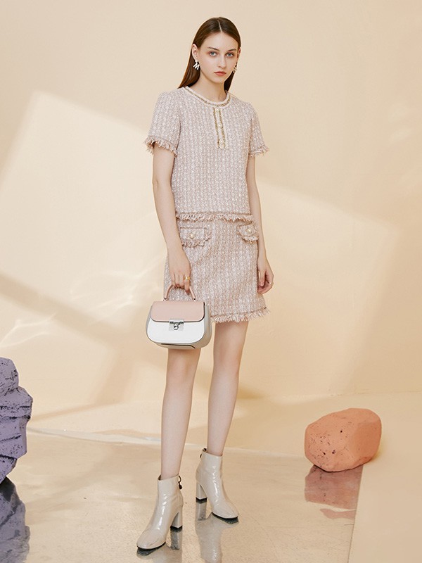 摩凡女装2020秋冬季粉色流苏套装