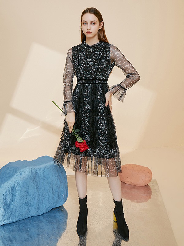 摩凡女装2020秋冬季黑色纱网连衣裙