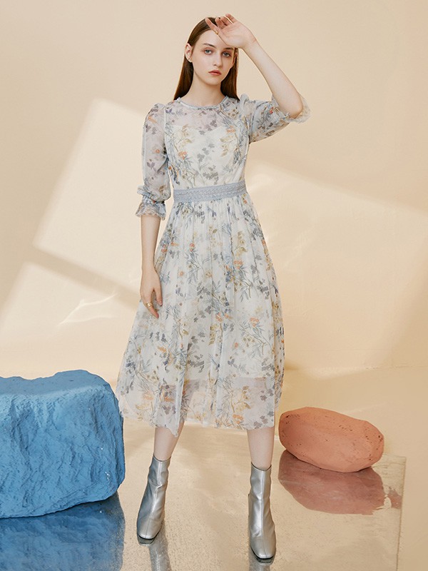 摩凡女装2020秋冬季莫兰迪色系印花连衣裙