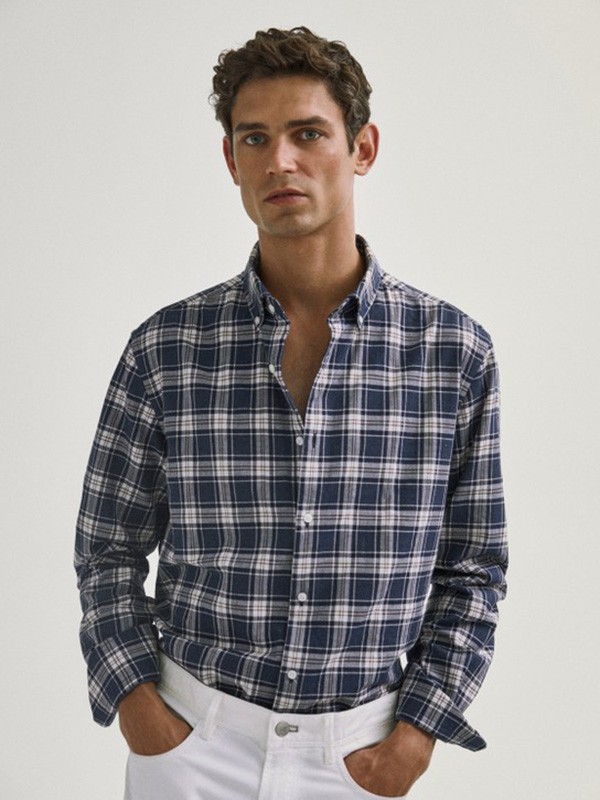 MassimoDutti2020秋冬季蓝色格子衬衫