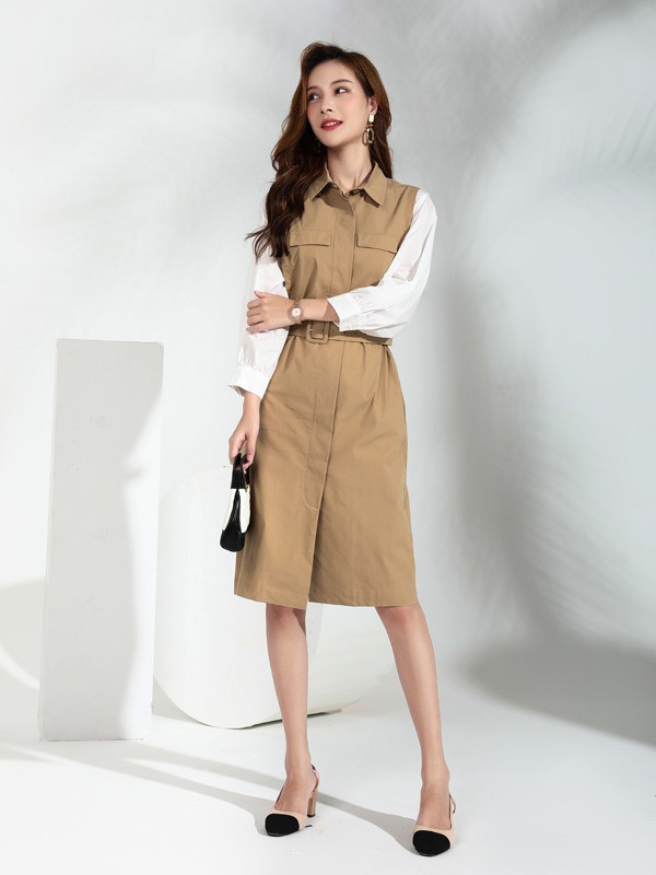 吉米赛欧2020秋冬季卡其色修身连衣裙